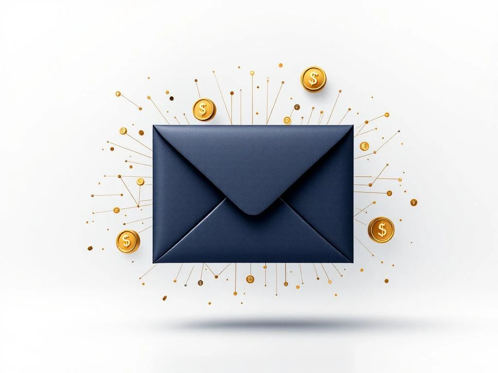 Digitale envelop met gouden munten en valutasymbolen die eruit stromen, verbonden door netwerklijnen op witte achtergrond