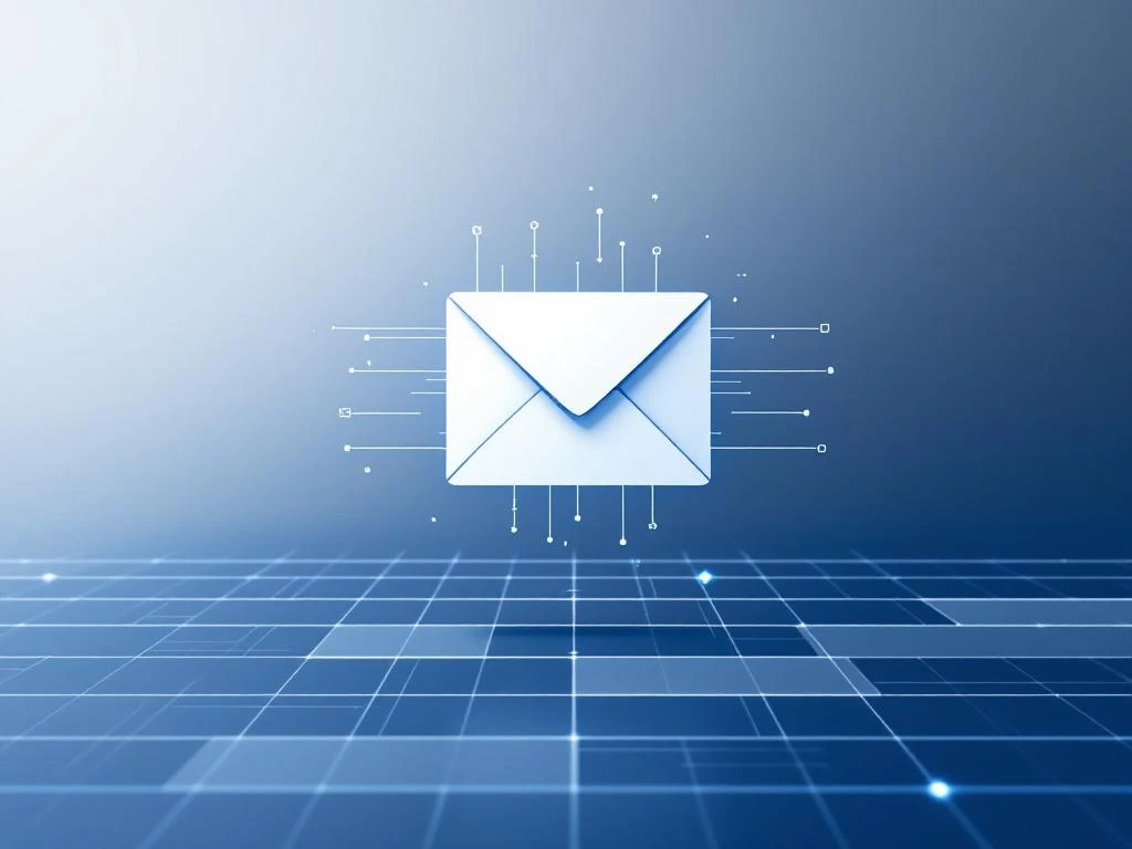 Envelop icoon met netwerkverbindingen en geometrische vormen in blauw-witte tinten voor e-mailmarketing concept