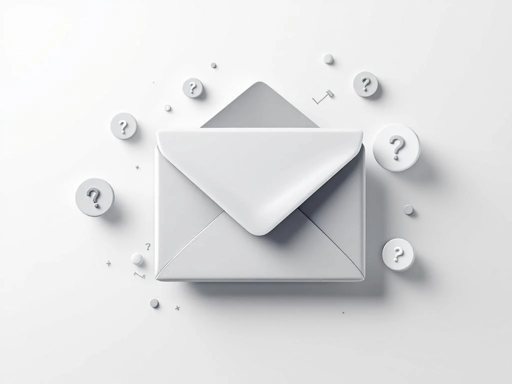 Grote grijze envelop icoon met zwevende vraagtekens op witte achtergrond, minimalistische email marketing compositie