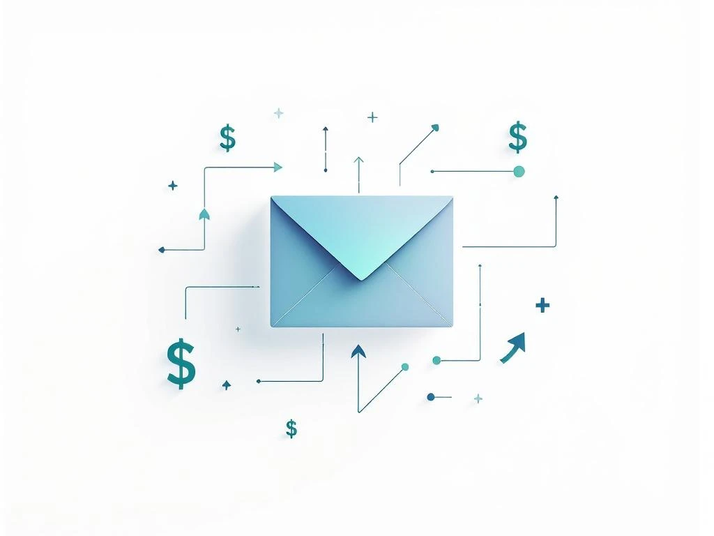 Blauwe envelop icoon omringd door groene dollartekens en pijlen op witte achtergrond voor e-mailmarketing concept