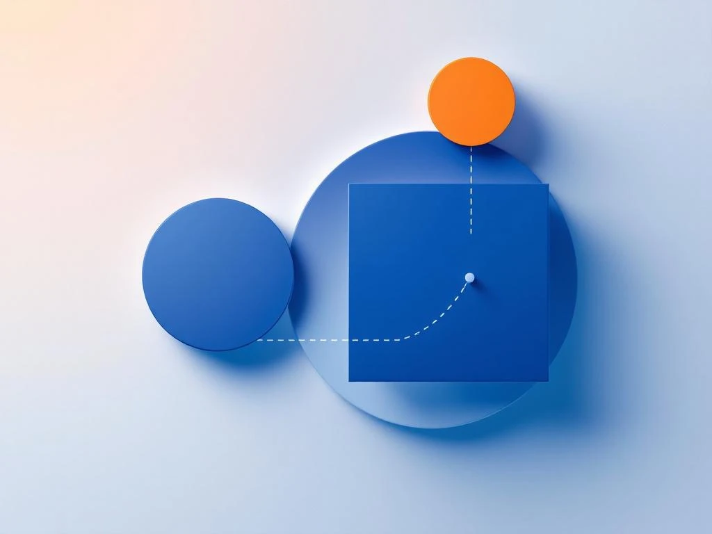 Drie geometrische vormen in blauw, oranje en wit verbonden door stippellijnen op gradiënt achtergrond
