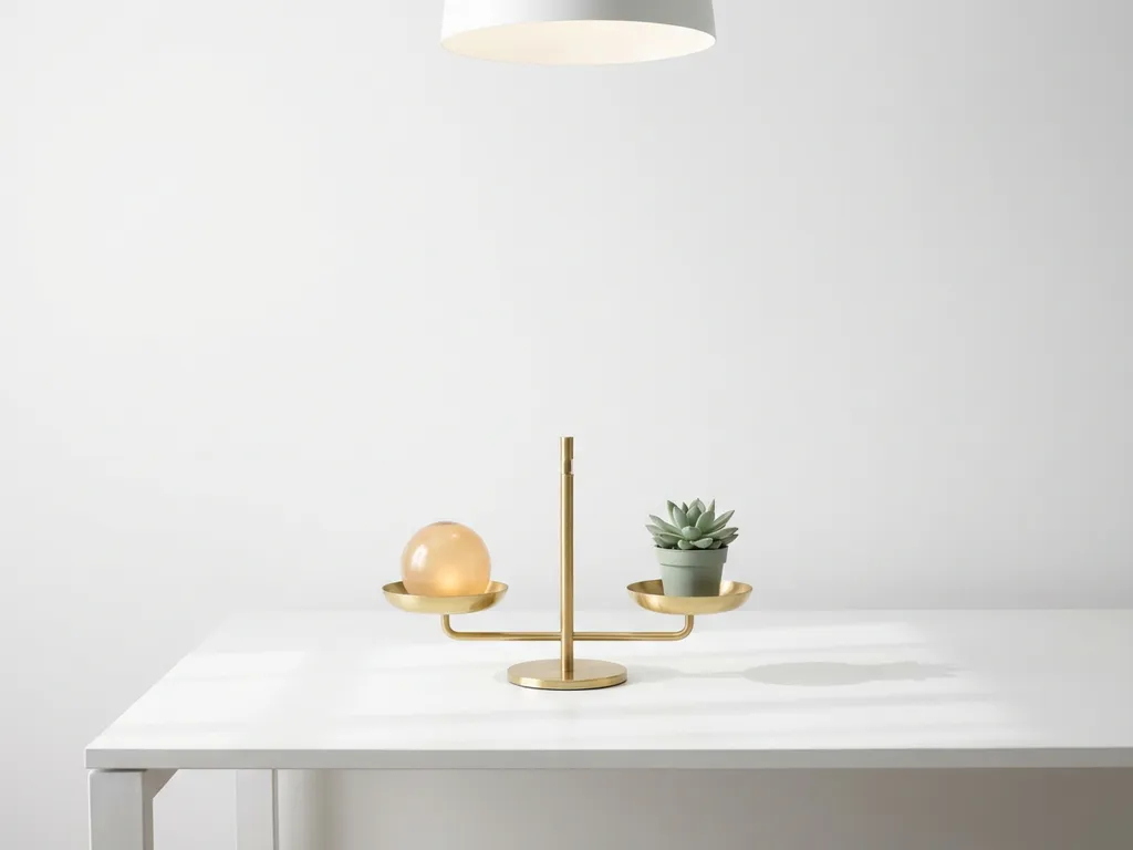 Koperen balans met gloeiende amberkleurige bol aan één kant en kleine groene plant aan de andere, symboliseert AI en menselijke waarden.