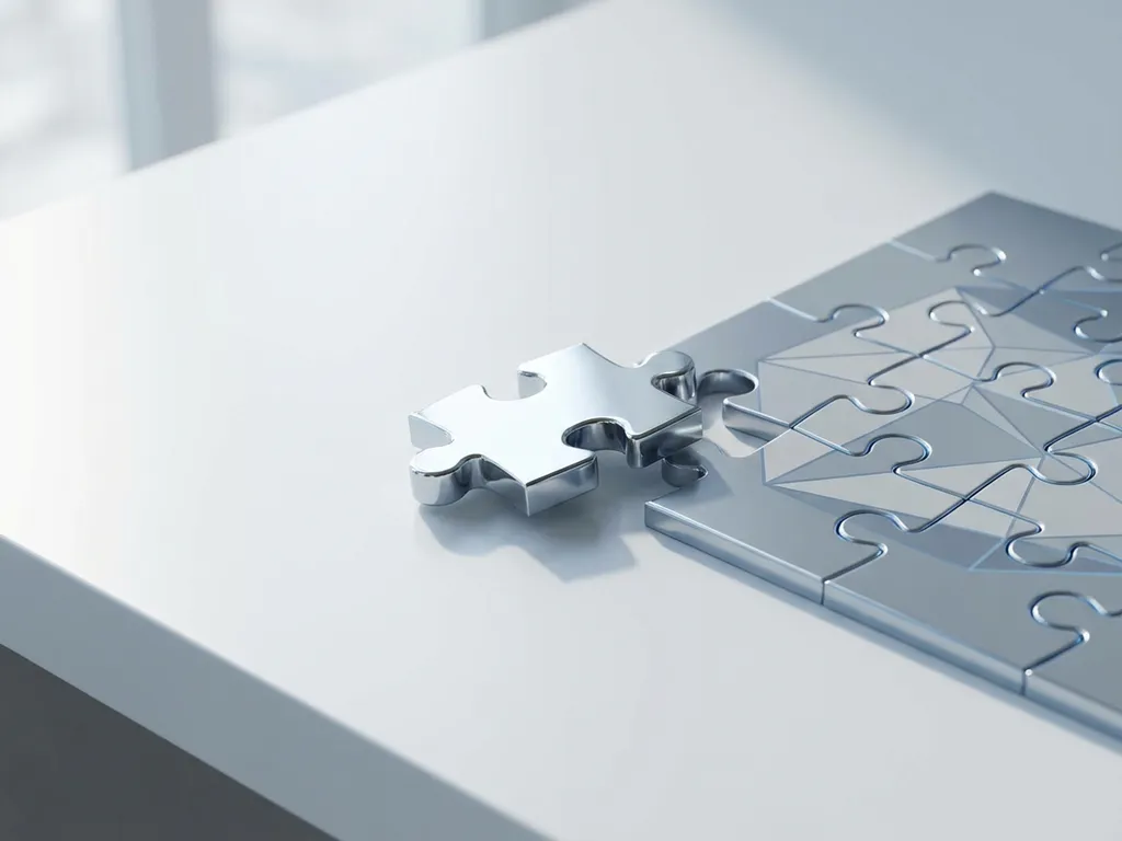 Chromen puzzelstuk klikt in abstract netwerkpatroon op witte bureau, zachte schaduwen en minimalistische compositie