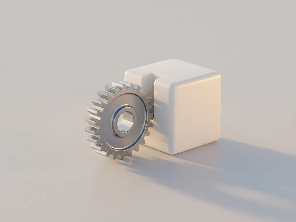 Verchroomd tandwiel verbonden met witte kubus op grijze ondergrond, minimalistische 3D-render met zachte schaduwen