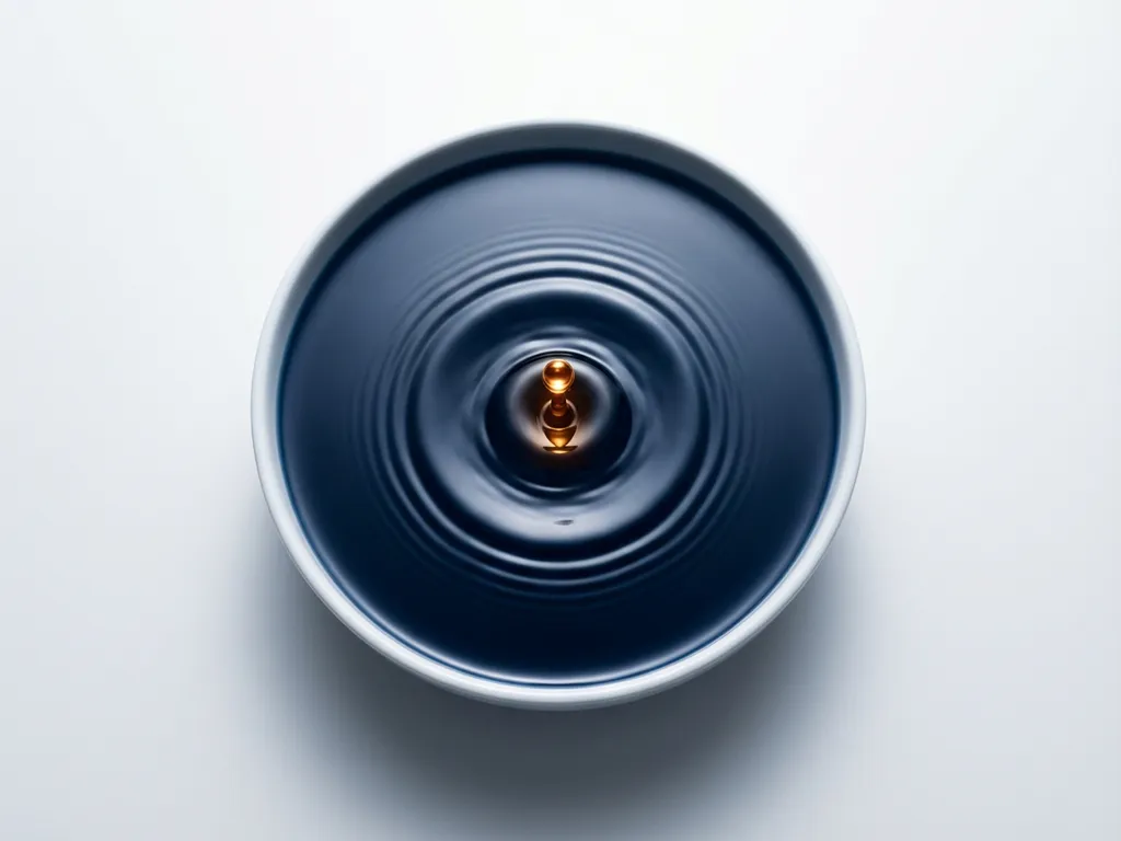 Lichtgevende datadruppel valt in donkerblauw water en creëert concentrische rimpelingen op wit bureau, minimalistische compositie in marineblauw en amber.