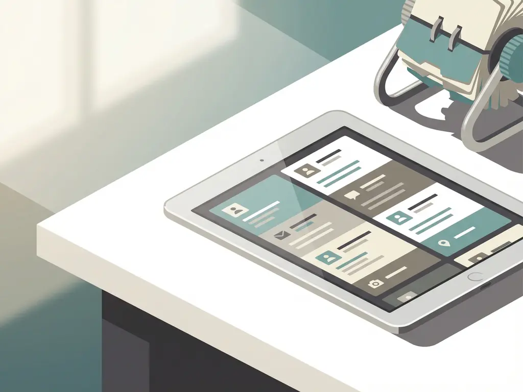 Tablet met contactkaarten op minimalistisch wit bureau naast rolodex, zachte natuurlijke verlichting, professionele vectorillustratie