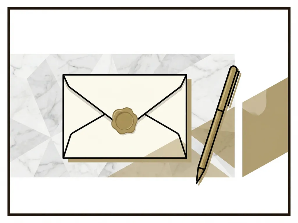 Elegante envelop met lakzegel en messing pen op wit marmeren bureau, minimalistische vectorillustratie in crème en goud