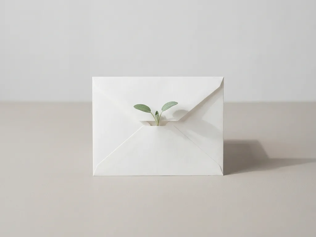 Witte envelop rechtop op grijze ondergrond met groene kiemplant die uit de open flap groeit, zachte schaduw en minimalistische compositie.