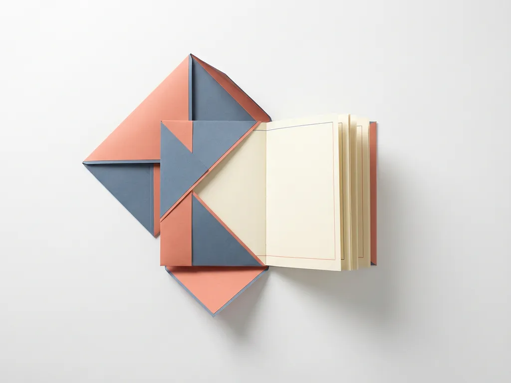 Minimalistische illustratie van een envelop die transformeert in een open boek, zachte koraal- en leisteenblauw tinten op ivoorkleurige achtergrond.