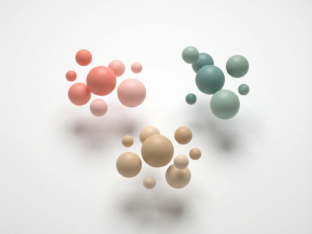 Geometrische bollen in koraal, teal en zandtinten zweven geclusterd boven wit oppervlak met zachte schaduwen