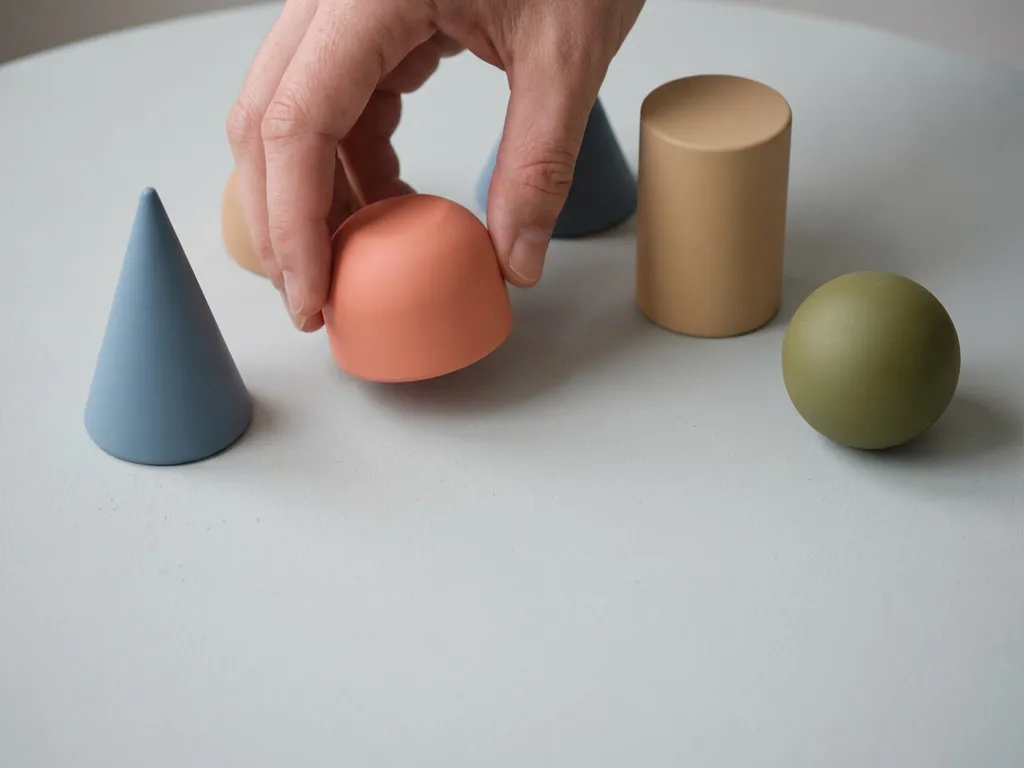 Hand plaatst geometrische vorm tussen minimalistische figuren in gedempte koraal-, blauw- en zandtinten op grijze ondergrond.