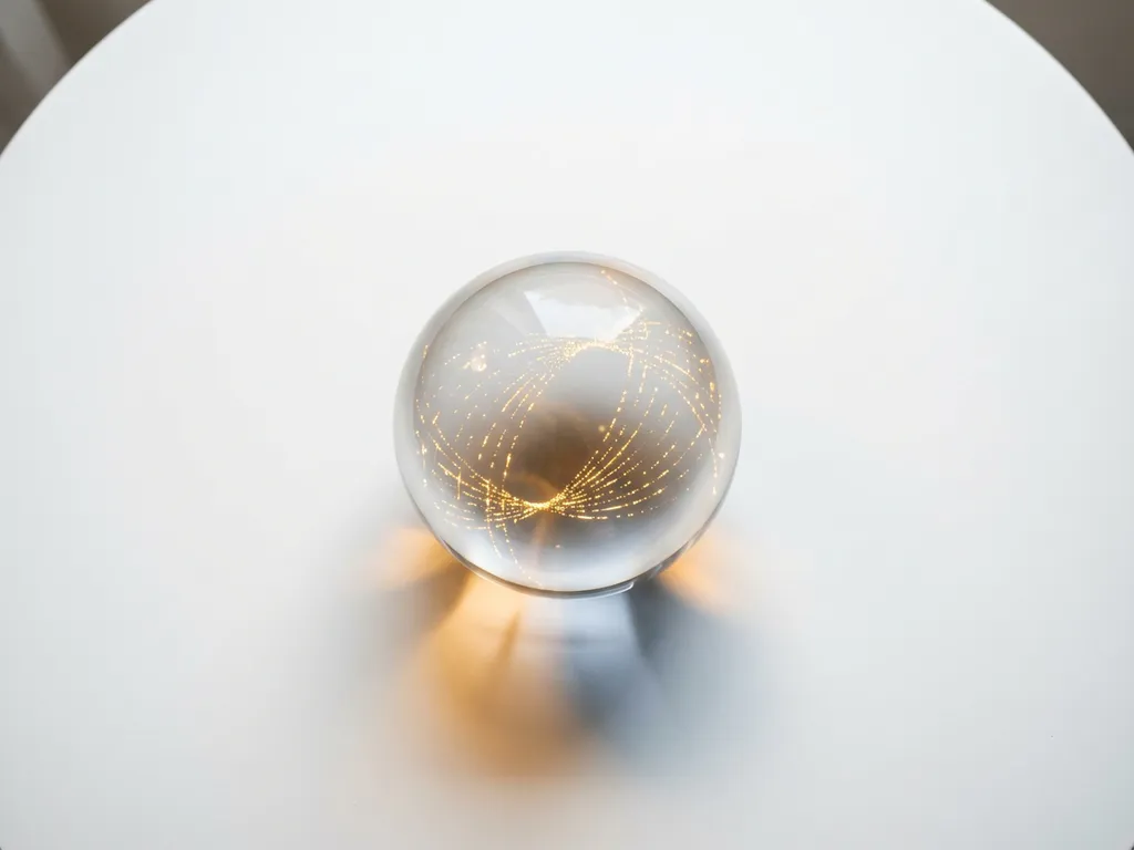 Glazen bol met gouden datapunten in gebogen banen op wit oppervlak, minimalistische compositie met zachte schaduwen