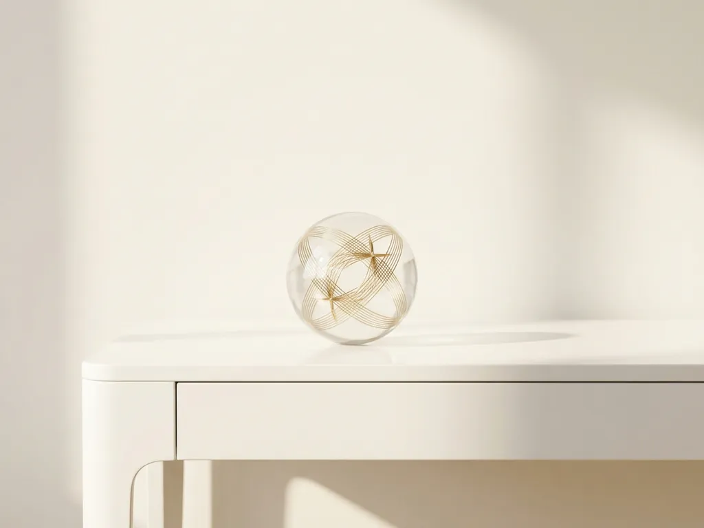 Glazen bol met gouden dradenpatroon op minimalistische witte bureau, zacht ochtendlicht werpt subtiele schaduwen