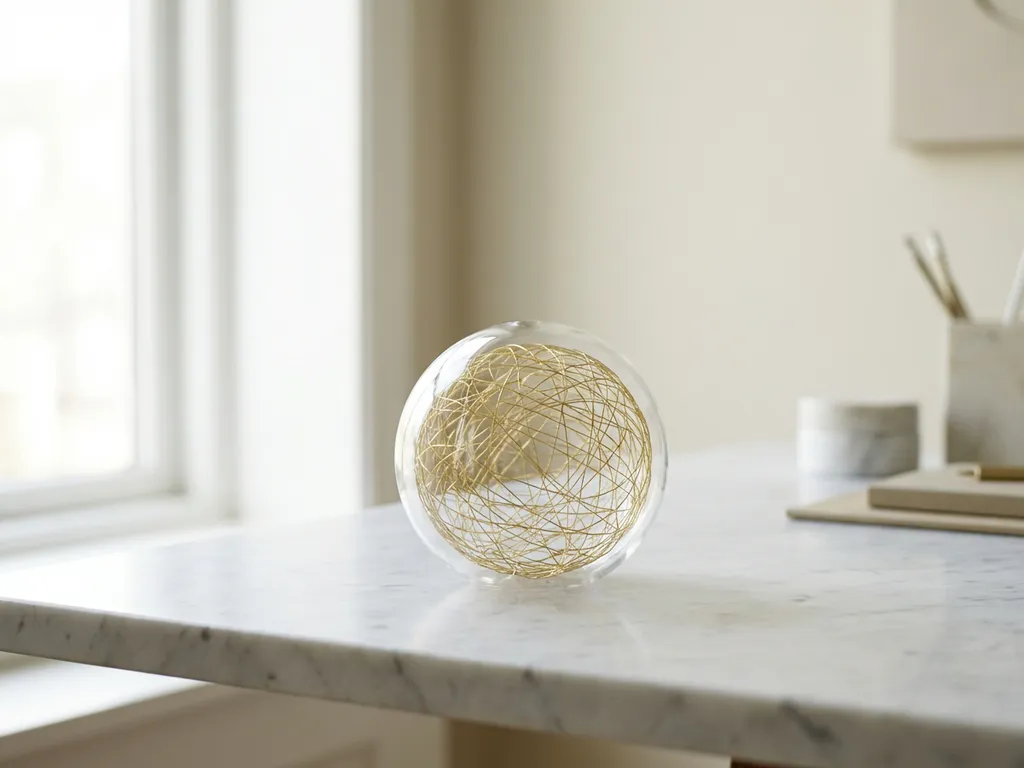 Glazen bol met gouden dradennetwerk op wit marmeren bureau, symboliseert menselijke connecties in minimalistisch decor
