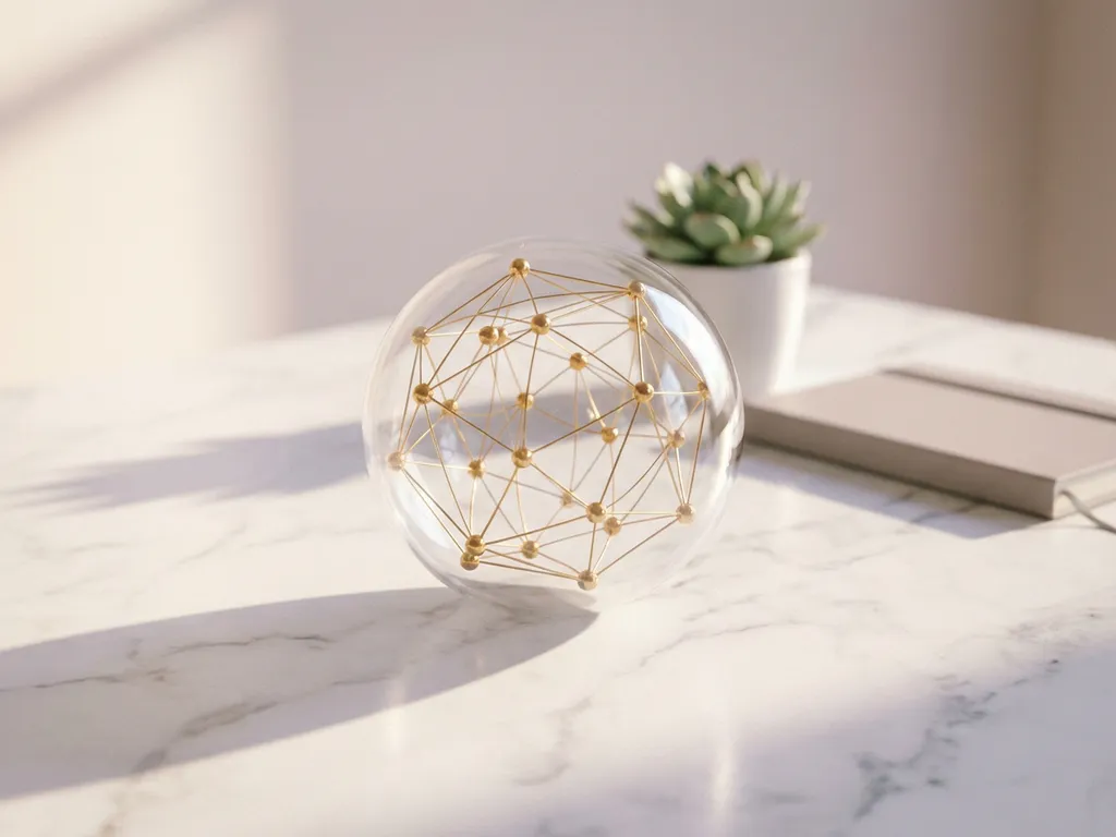 Glazen bol met gouden netwerkpatroon op wit marmeren bureau, zachte ochtendverlichting, succulent en notitieboek op achtergrond