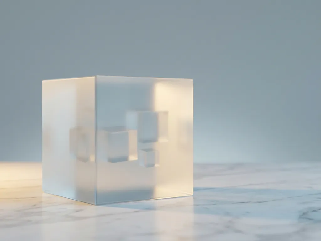 Elegante matglazen kubus met drie kleinere kubussen erin, op wit marmer, minimalistische studio met zachte verlichting