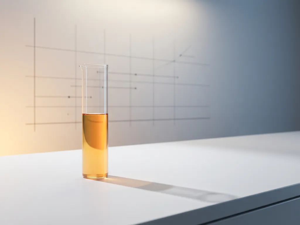 Glazen maatcilinder gevuld met amberkleurige vloeistof op wit oppervlak, minimalistische meetrasterlijnen op achtergrond