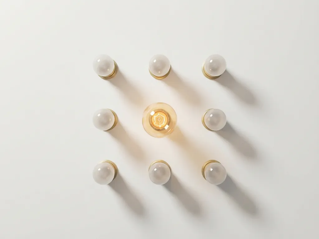 Gloeiende gloeilamp zweeft boven raster van onverlichte lampen, warme amberkleurige gloed werpt zachte schaduwen op wit oppervlak.