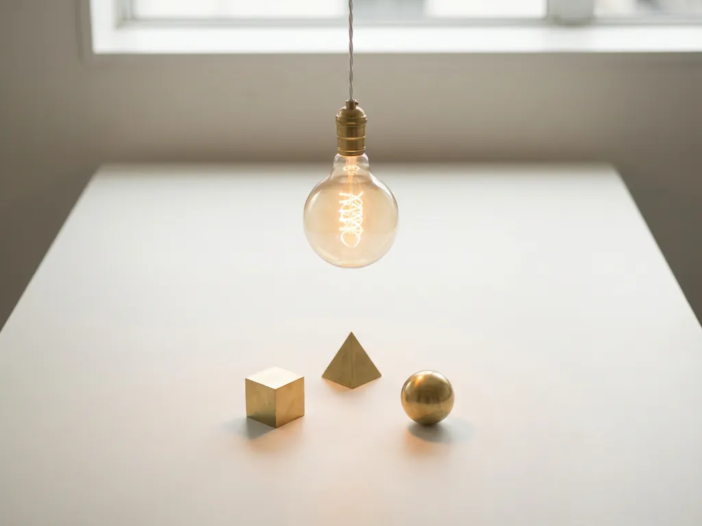 Gloeiende gloeilamp met spiraalvormig filament boven minimalistische messing geometrische vormen op wit oppervlak, warme amberkleurige tinten.