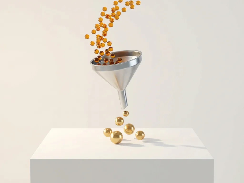 Gepolijste metalen trechter met kleine amberkleurige bolletjes die erin stromen en als grotere gouden bollen uitkomen, zachte schaduw op wit oppervlak.