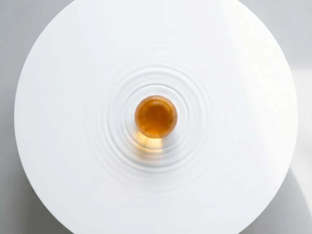 Gloeiende amberkleurige bol op wit oppervlak met concentrische rimpelingen, minimalistische compositie met zachte schaduwen.