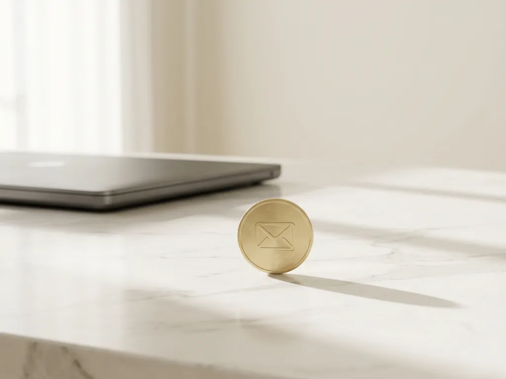 Gouden euromunt met envelop-icoon rechtop op wit marmeren bureau, laptop op achtergrond, minimalistisch en professioneel