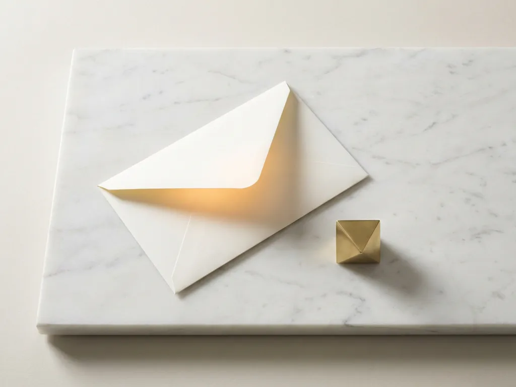 Witte envelop met gouden gloed op marmeren ondergrond, messing geometrische vorm met schaduw, elegante minimalistische compositie.