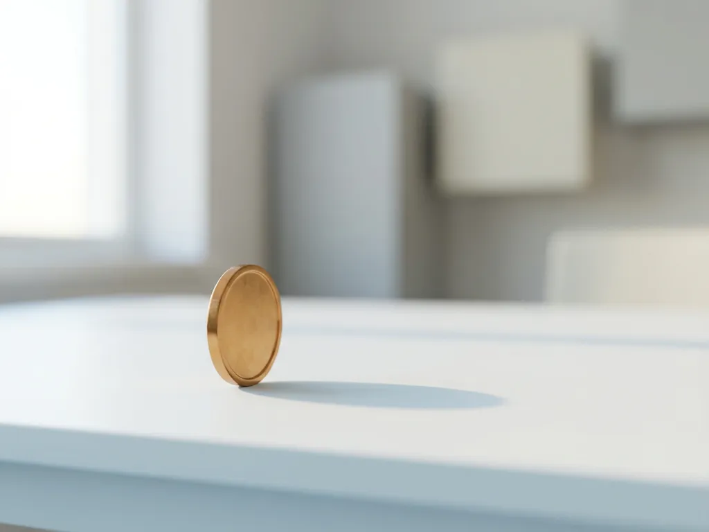 Gouden munt in balans op zijn rand op een minimalistische witte bureau, zachte schaduw en wazige achtergrond