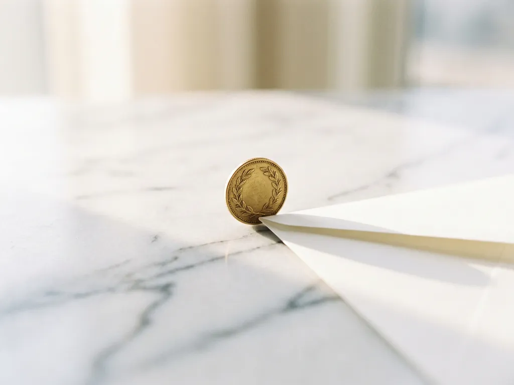 Gouden munt balancerend op rand van witte envelop op marmeren oppervlak in zacht ochtendlicht