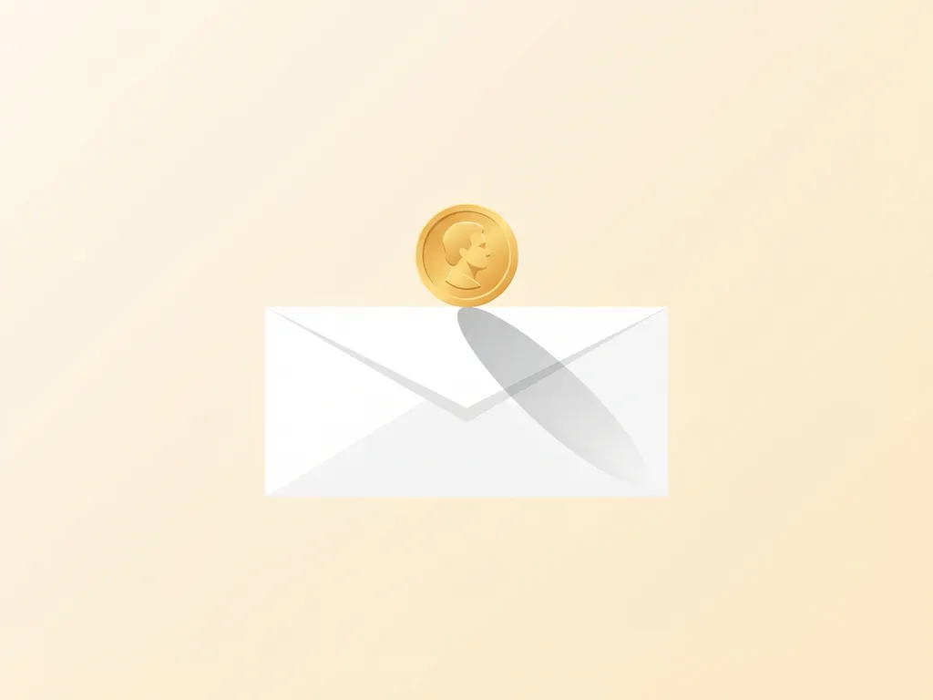 Gouden munt balancerend op rand van witte envelop, minimalistische vectorillustratie met zachte schaduwen en neutrale achtergrond