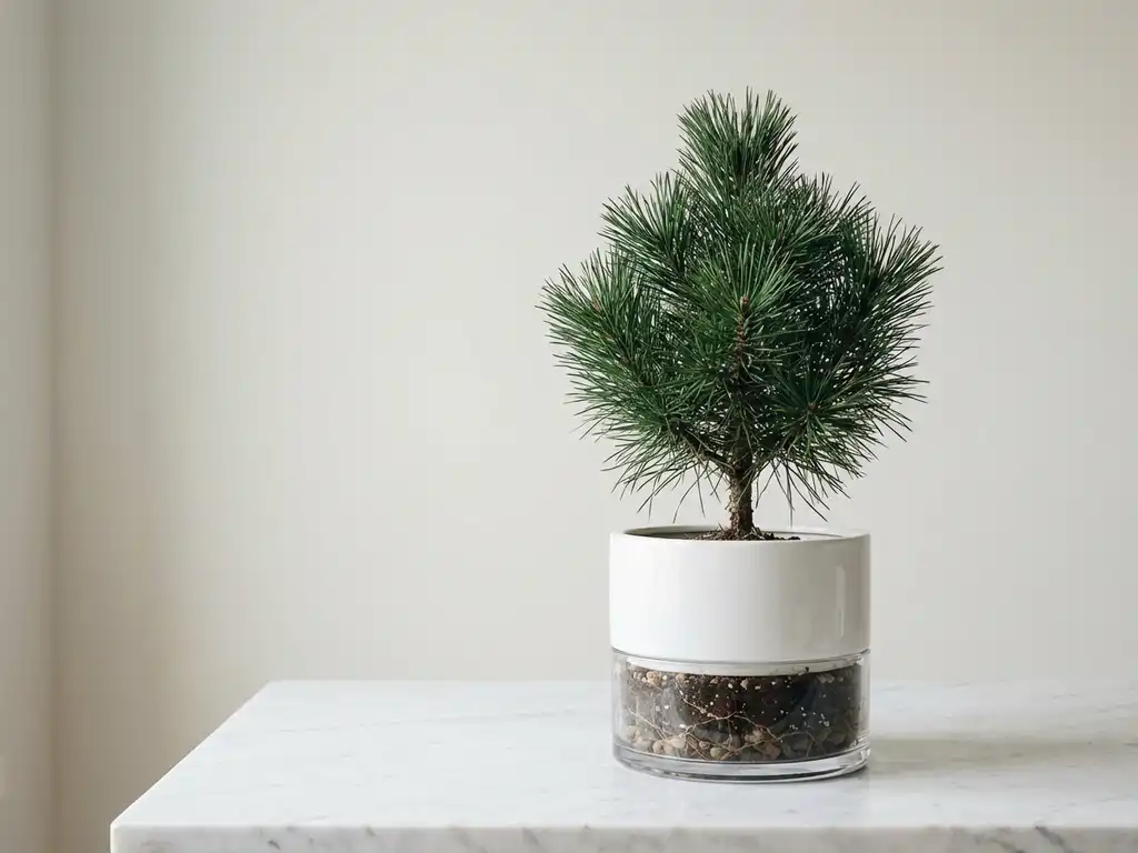 Groenblijvende dennenboom in witte keramieken pot op marmeren oppervlak, wortels zichtbaar door glaswand met aardlagen