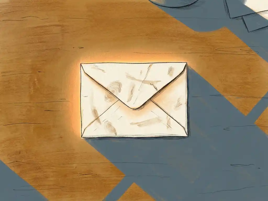 Handgetekende envelop met zachte gouden gloed op warm houten bureau, minimalistische compositie in crème en amberkleurige tinten.