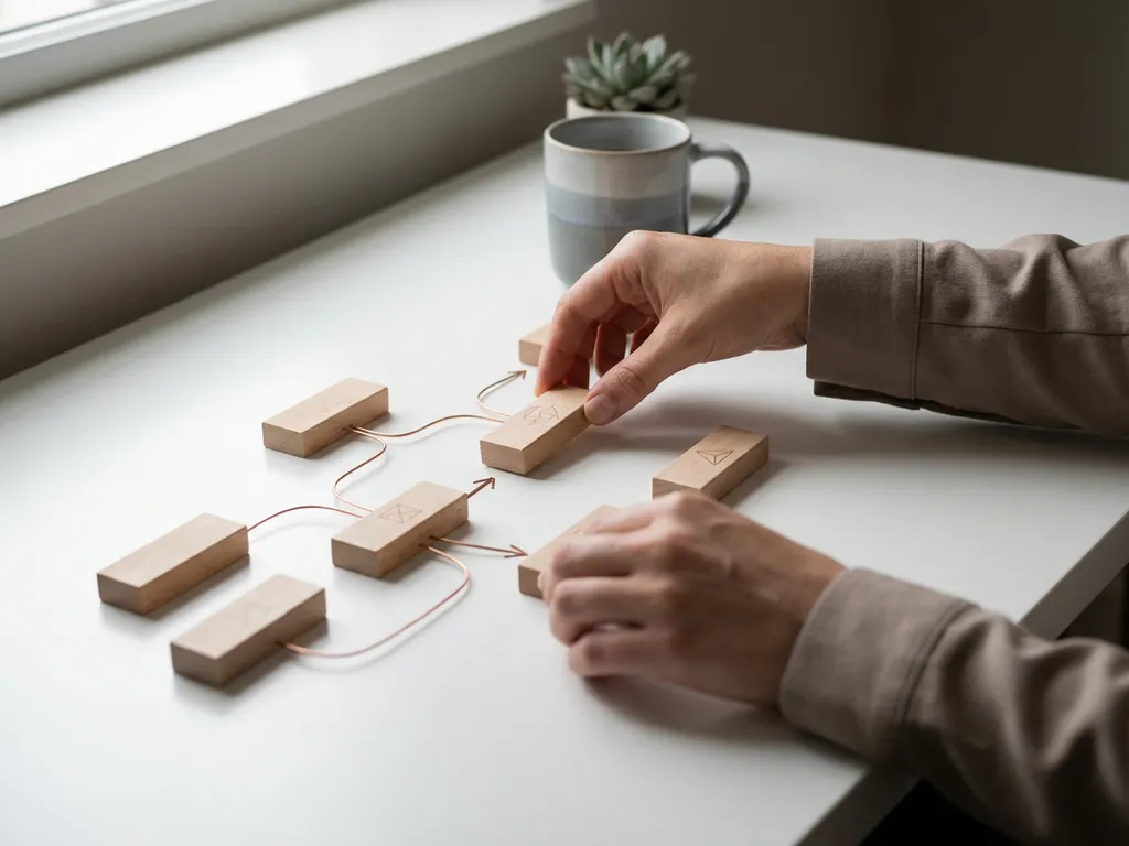 Handen rangschikken houten blokken tot stroomdiagram verbonden met koperdraad op wit bureau in zacht daglicht