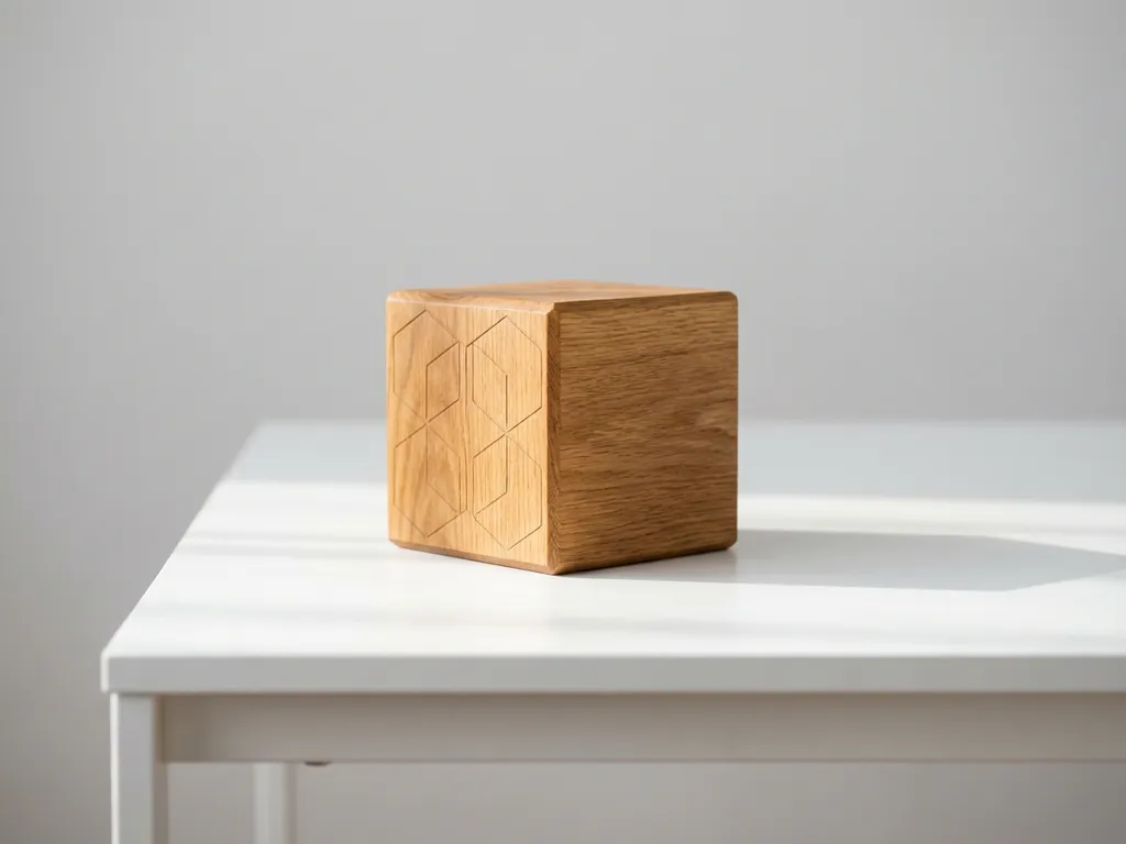 Gepolijste houten kubus met geometrische patronen op wit bureau, zachte natuurlijke belichting, minimalistische achtergrond
