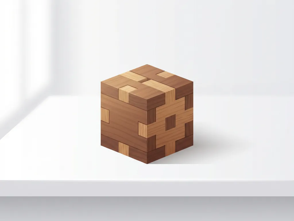 Houten puzzelblok met inkepende verbindingen op wit bureau, zachte schaduw, minimalistische vectorkunststijl