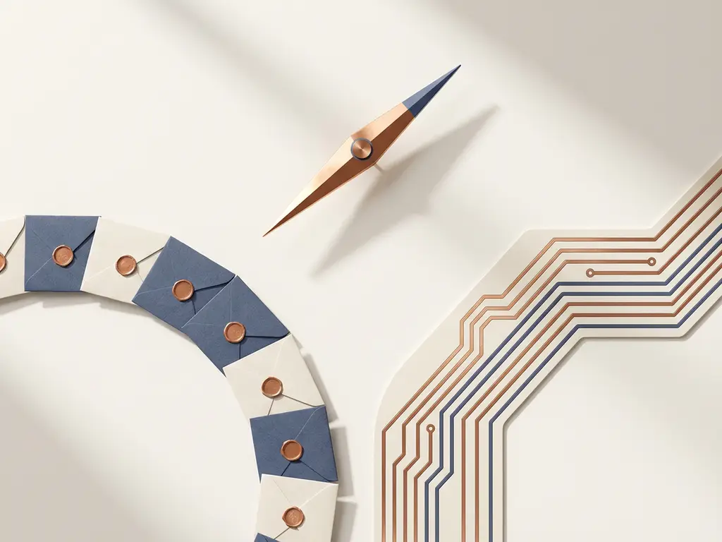Koperen kompasnaald zweeft boven twee paden: papieren enveloppen en geometrische circuitlijnen op crèmewit oppervlak.