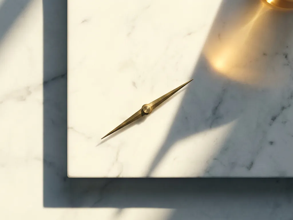 Messing kompasnaald in balans op wit marmer, wijzend naar gouden gloed, minimalistische compositie met diagonale schaduw.