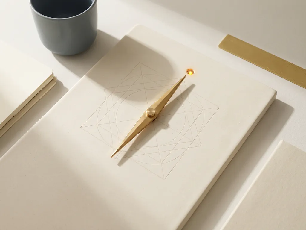 Messing kompasnaald wijst naar gloeiend amberkleurig punt op wit oppervlak met subtiele geometrische rasterlijnen, minimalistische werkruimte.
