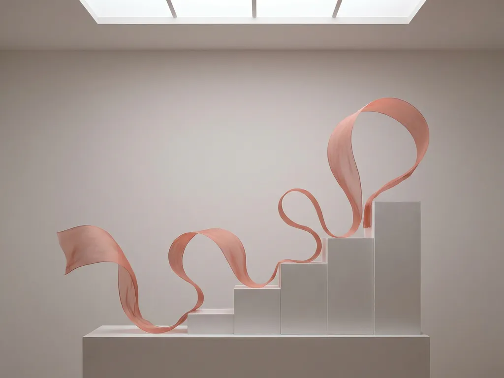Zachtkoraal lint dat elegant door witte geometrische blokken in trapvormige opstelling weeft, minimalistische compositie op lichtgrijze achtergrond.