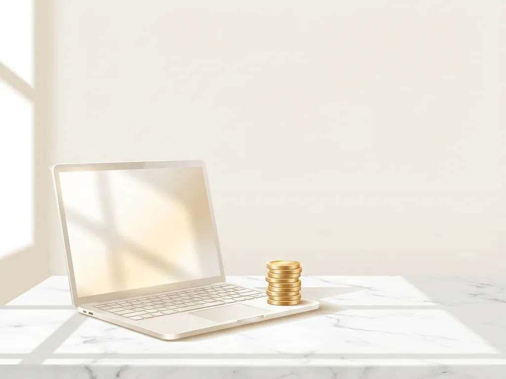 Elegante laptop op wit marmeren bureau met gouden munten, minimalistische vectorillustratie in crème en goudtinten