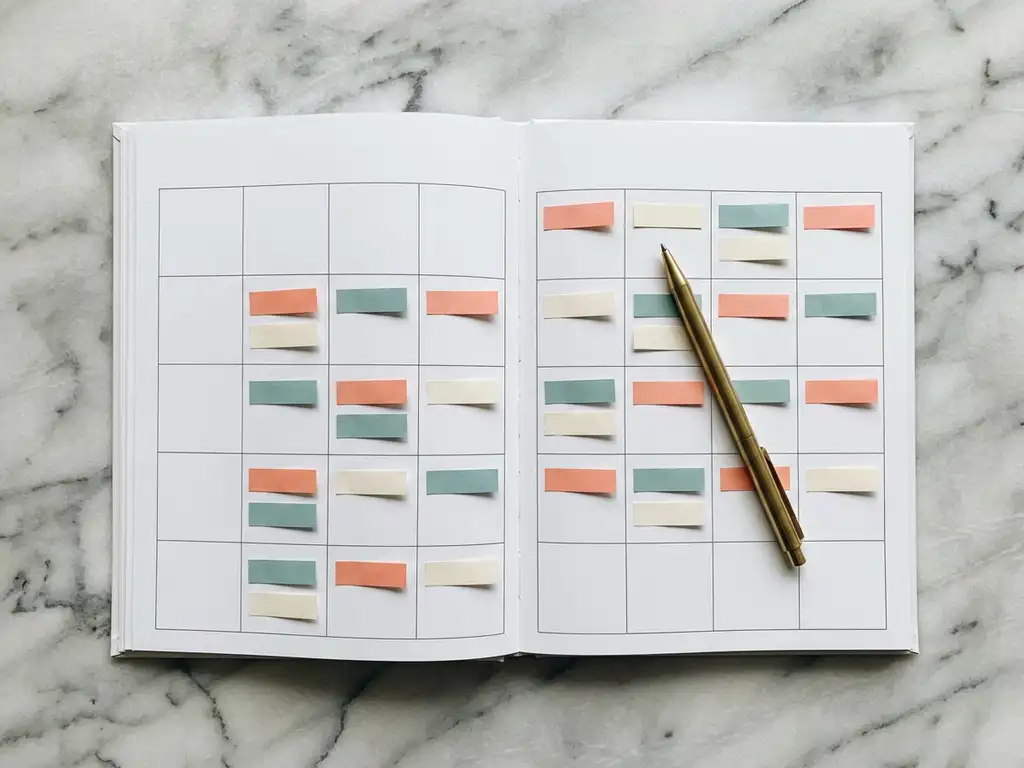 Witte maandplanner met gekleurde sticky notes op marmeren bureau, koperen pen, minimalistische flat lay compositie
