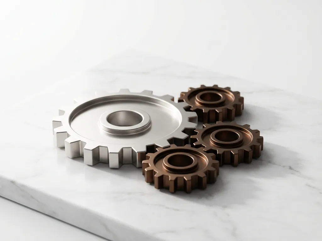 Gepolijst zilveren tandwiel verbonden met drie kleinere bronzen tandwielen op wit marmer met zachte schaduwen