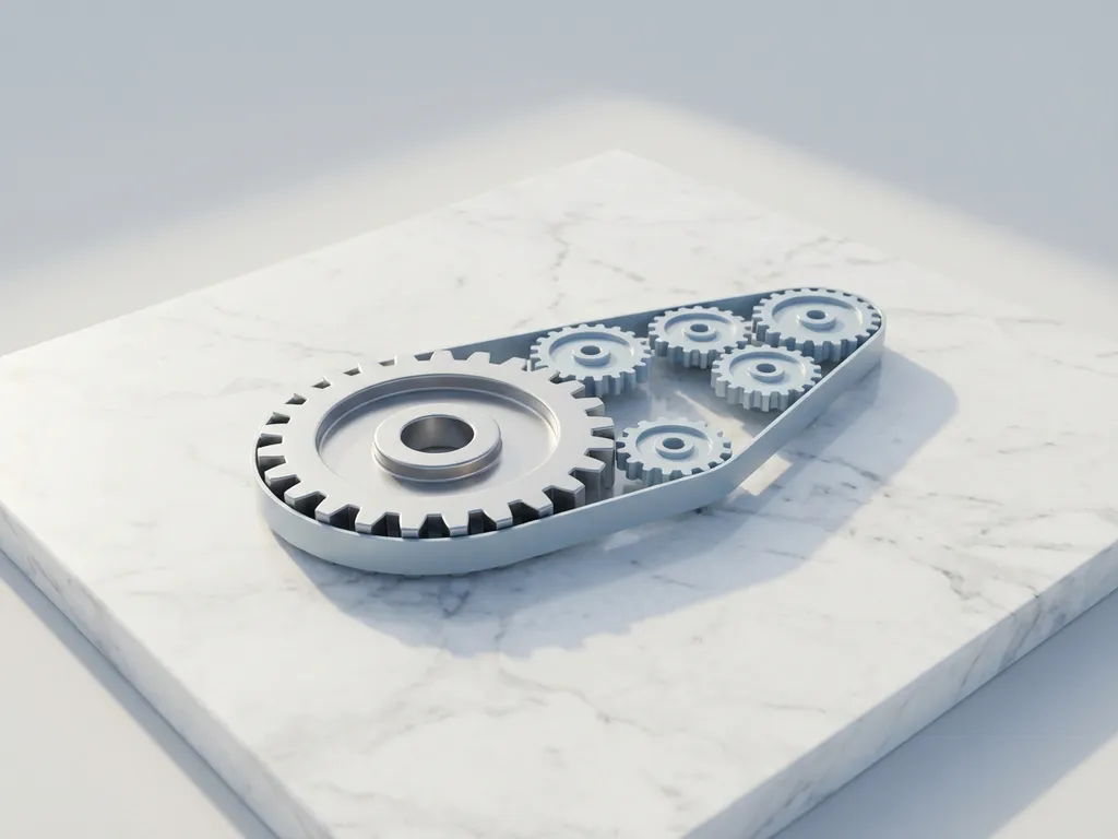 Mechanisch tandwiel verbonden met lint van kleinere tandwielen op wit marmer, zilver en lichtblauw kleurenpalet