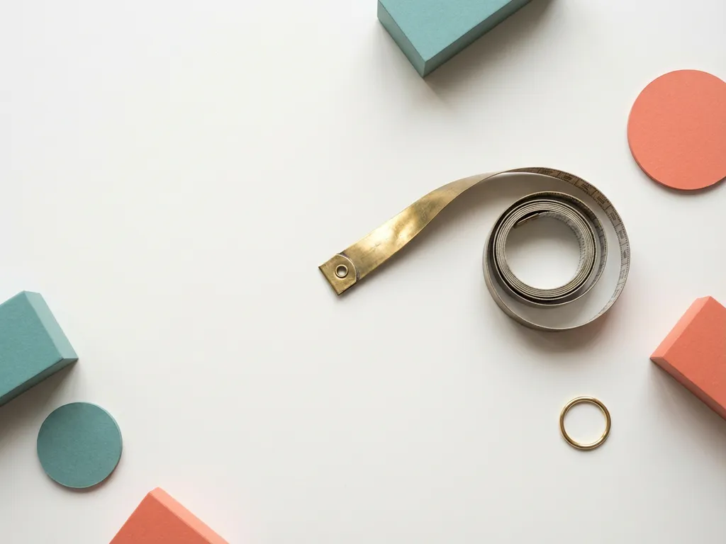 Elegante meetlint ontrolt zich over wit oppervlak met messing uiteinde, omgeven door minimalistische geometrische vormen in gedempte tinten teal en koraal.