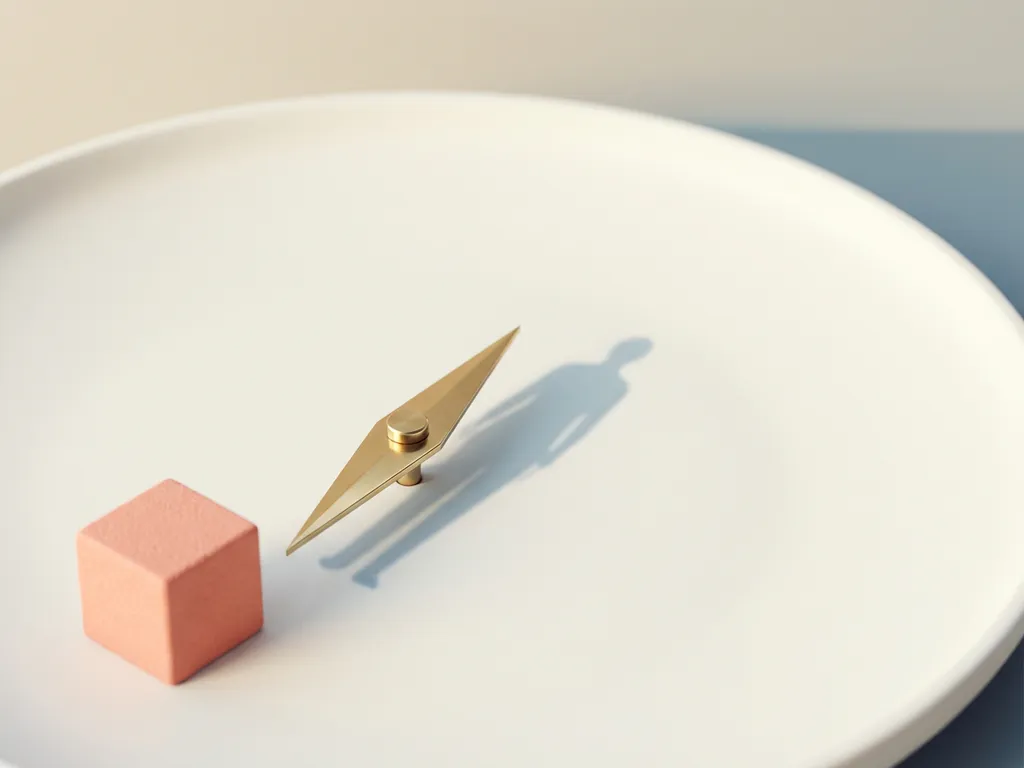 Messing kompasnaald op wit oppervlak met schaduw in vorm van menselijke figuur, koraalkleurig geometrisch blokje ernaast.