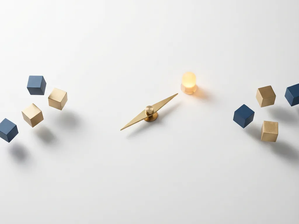 Gepolijst messing kompasnaald wijst naar amberkleurig licht op wit oppervlak, zachte schaduwen van geometrische kubussen in marineblauw en goud.
