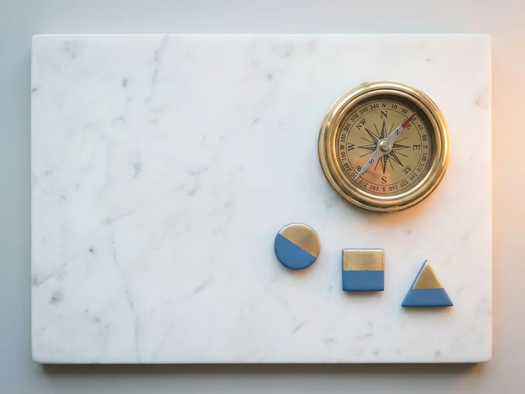 Messing kompas op wit marmer wijst naar amberkleurig licht, met geometrische vormen in blauw en goud