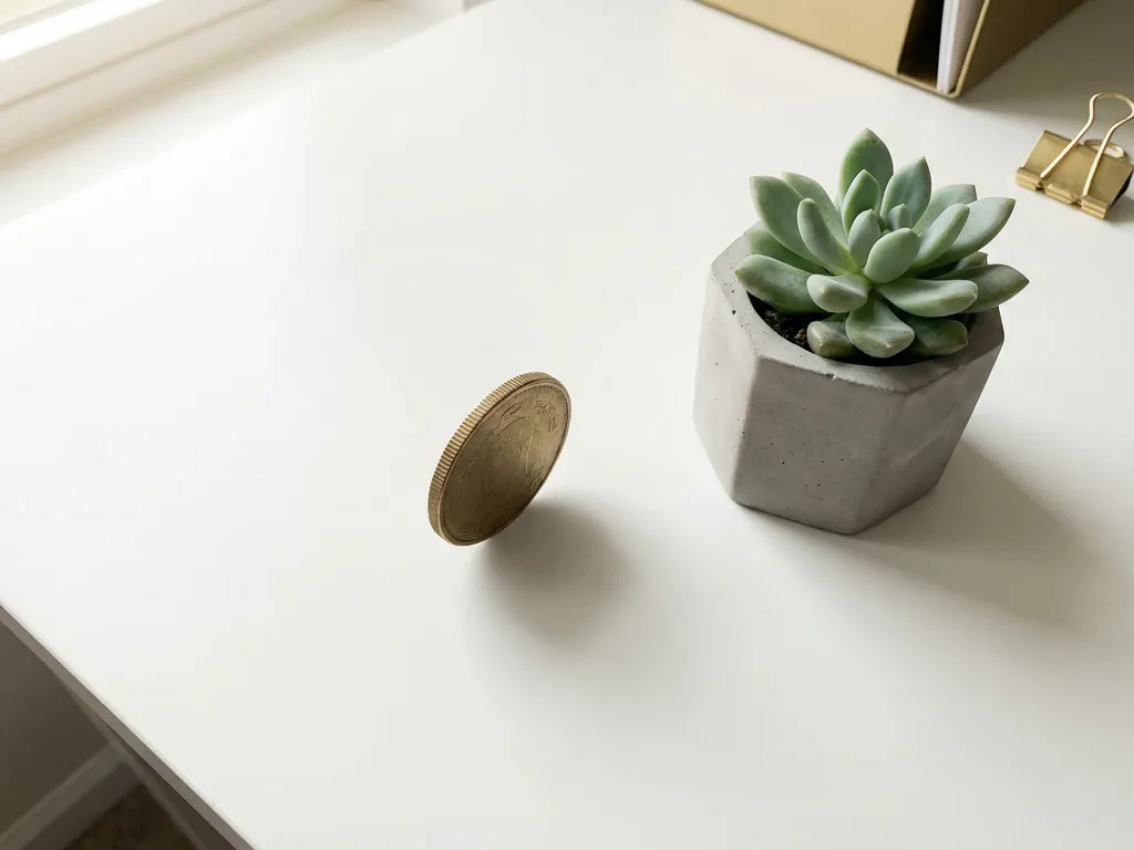 Messing munt balancerend op rand naast groene vetplant in betonnen pot op wit bureau, zachte natuurlijke belichting.