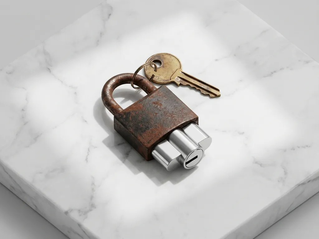 Messing sleutel wordt opgetild van roestig hangslot, onthult modern zilver slot op wit marmeren oppervlak