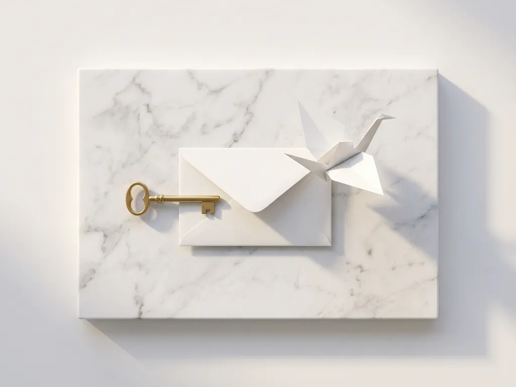 Messing sleutel ontgrendelt witte envelop die ontvouwt tot origami vogel in vlucht, op marmeren oppervlak in zacht ochtendlicht.